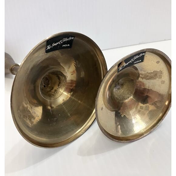 Vtg Mid Century Brass Candlestick Holders Ribbed Texture Goblet Pair 7” & 5” - Picture 6 of 6